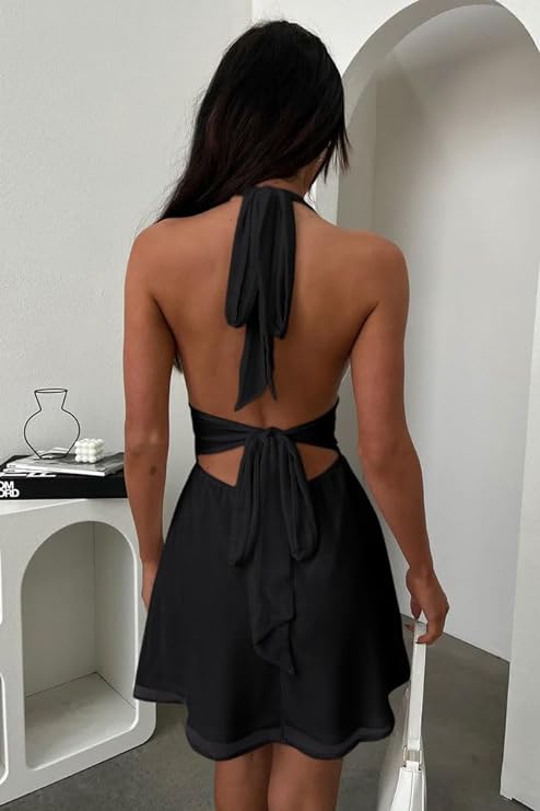 XP V-Neck Flowing Chiffon Backless Dress with Bow