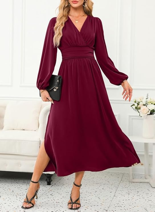 XP Curved Sleeve Side Slit Elegant Long Dress