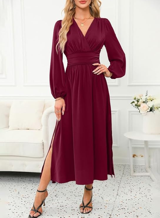 XP Curved Sleeve Side Slit Elegant Long Dress