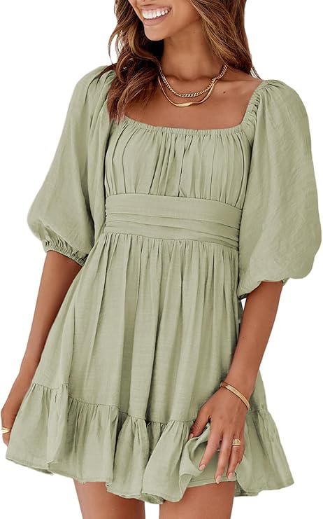 XP Square Neck Lace-Up Balloon Sleeve Ruffled A-Line Dress